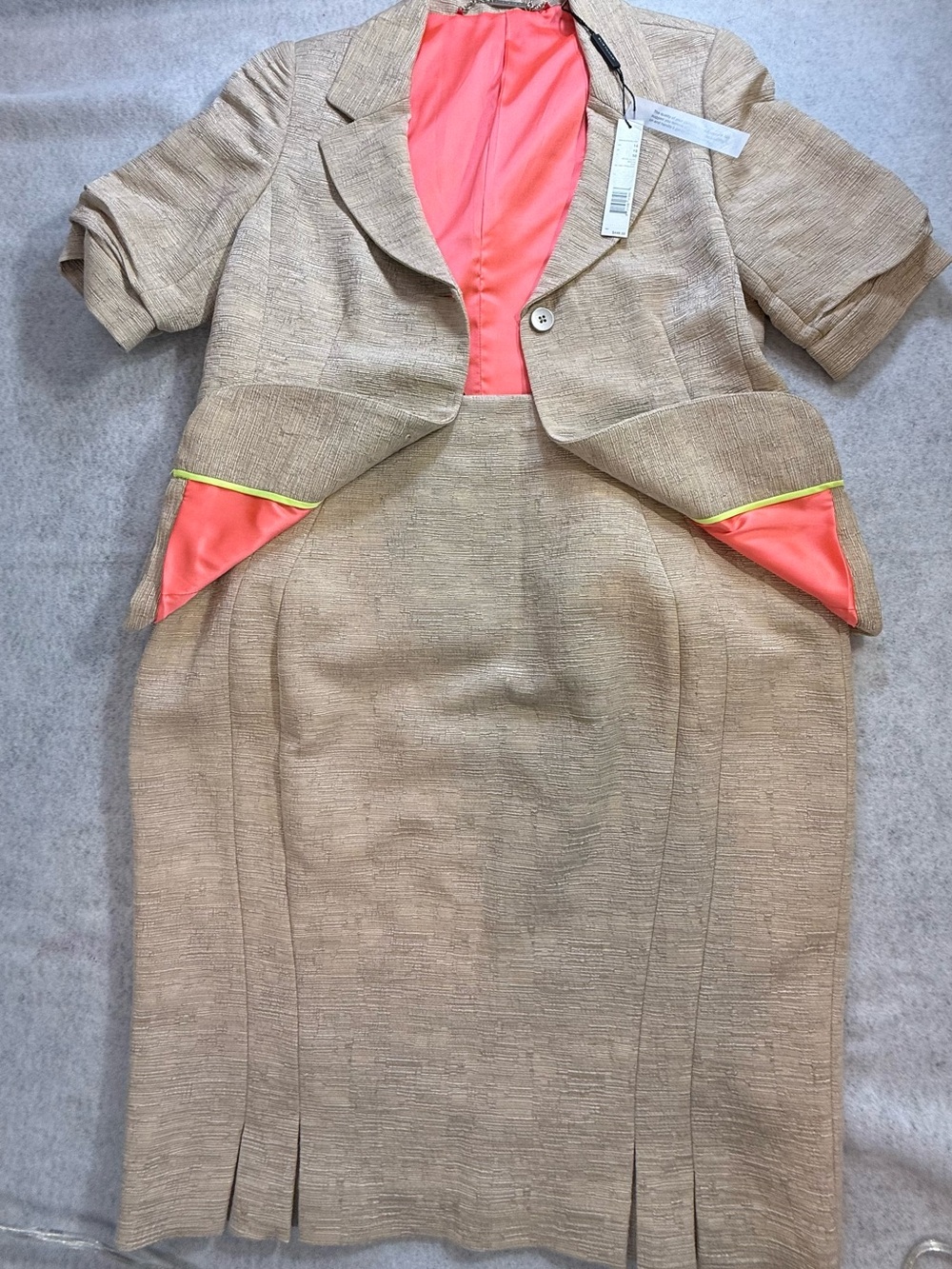 Elie Tahari Beige Skirt Suit with Coral and Neon Trim